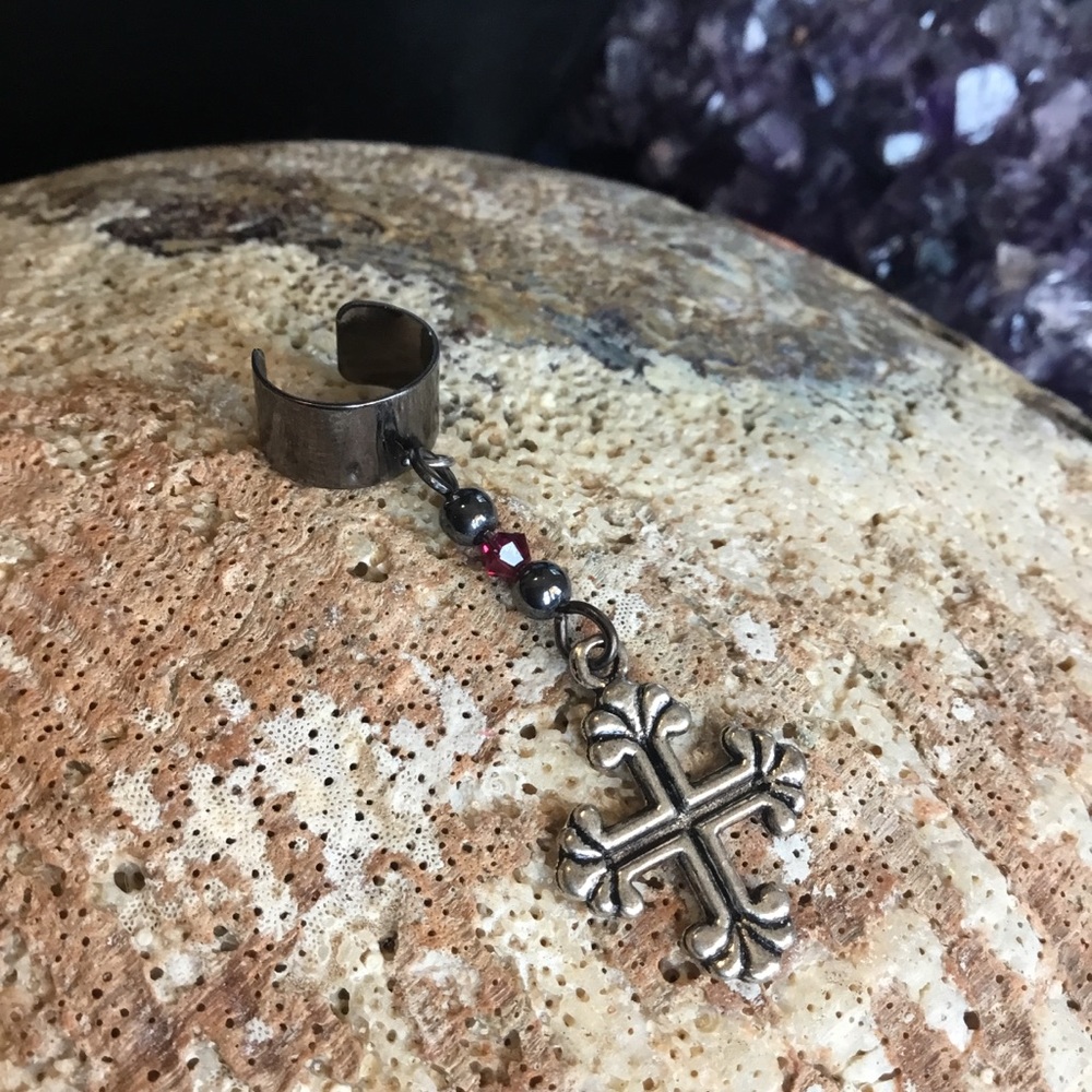 Handmade Gothic Ear Cuff featuring Hematite Beads and Swarovski Crystal